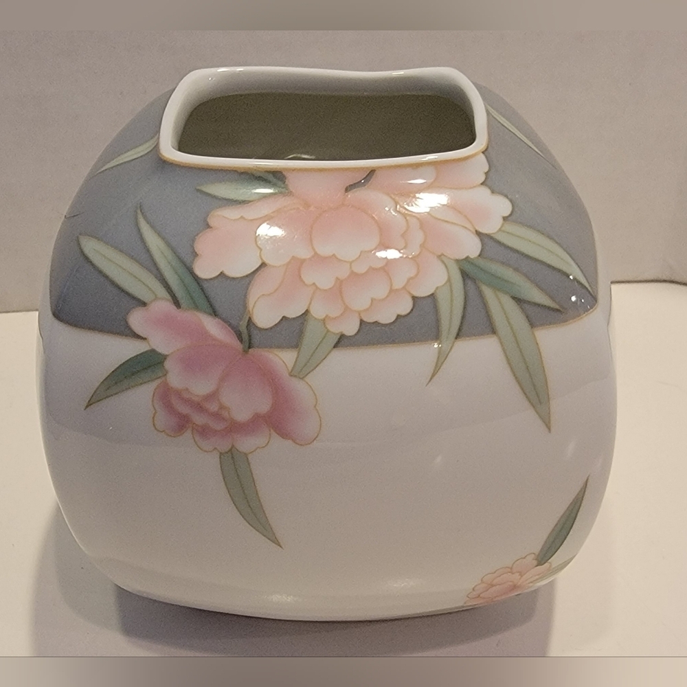 Vintage 1980's Eschenbach Bavaria Germany Pink Peonies Gray Trim 4"×5" Vase